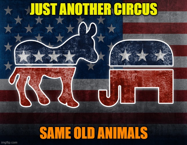 JUST ANOTHER CIRCUS; Same Old Animals | JUST ANOTHER CIRCUS; SAME OLD ANIMALS | image tagged in elephant and donkey | made w/ Imgflip meme maker