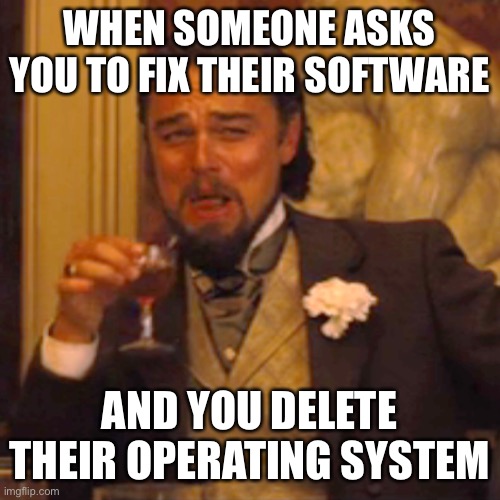 Sauphtbheyar Export | WHEN SOMEONE ASKS YOU TO FIX THEIR SOFTWARE; AND YOU DELETE THEIR OPERATING SYSTEM | image tagged in memes,laughing leo,software,expert,operating system | made w/ Imgflip meme maker