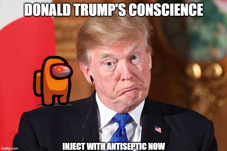 Trump dumbfounded confused stupid crazy idiot nuts fool jerk | DONALD TRUMP'S CONSCIENCE; INJECT WITH ANTISEPTIC NOW | image tagged in trump dumbfounded confused stupid crazy idiot nuts fool jerk | made w/ Imgflip meme maker