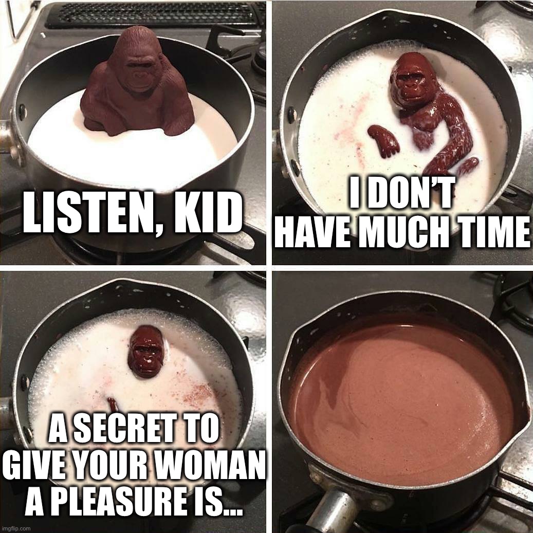 chocolate gorilla | I DON’T HAVE MUCH TIME; LISTEN, KID; A SECRET TO GIVE YOUR WOMAN
A PLEASURE IS... | image tagged in chocolate gorilla,memes,funny memes,so true memes,funny,flirting class | made w/ Imgflip meme maker