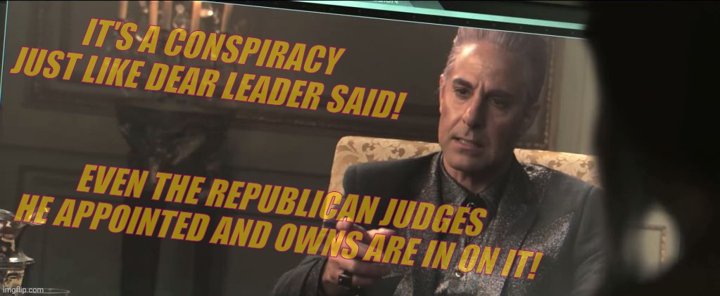 Hunger Games - Caesar Flickerman (Stanley Tucci) | IT'S A CONSPIRACY JUST LIKE DEAR LEADER SAID! EVEN THE REPUBLICAN JUDGES HE APPOINTED AND OWNS ARE IN ON IT! | image tagged in hunger games - caesar flickerman stanley tucci | made w/ Imgflip meme maker