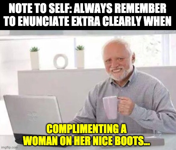 And ditto for her nicely manicured tips. | NOTE TO SELF: ALWAYS REMEMBER TO ENUNCIATE EXTRA CLEARLY WHEN; COMPLIMENTING A WOMAN ON HER NICE BOOTS... | image tagged in harold | made w/ Imgflip meme maker