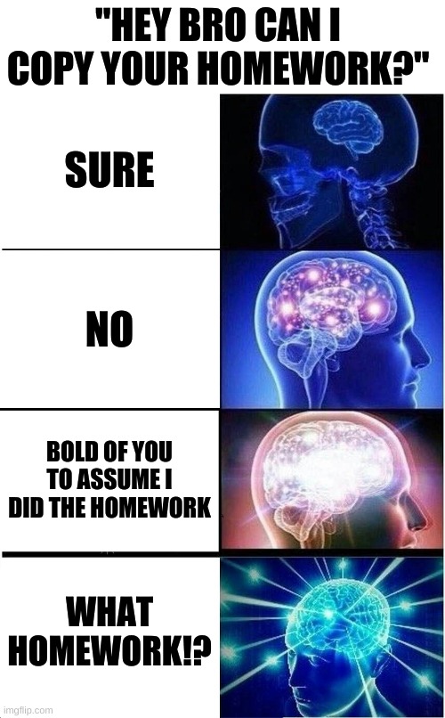 This happens | "HEY BRO CAN I COPY YOUR HOMEWORK?"; SURE; NO; BOLD OF YOU TO ASSUME I DID THE HOMEWORK; WHAT HOMEWORK!? | image tagged in memes,expanding brain,homework,so true memes,forgetful,relatable | made w/ Imgflip meme maker