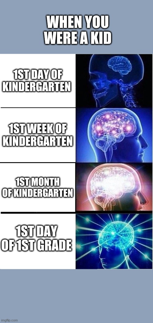 Expanding Brain | WHEN YOU WERE A KID; 1ST DAY OF KINDERGARTEN; 1ST WEEK OF KINDERGARTEN; 1ST MONTH OF KINDERGARTEN; 1ST DAY OF 1ST GRADE | image tagged in memes,expanding brain | made w/ Imgflip meme maker