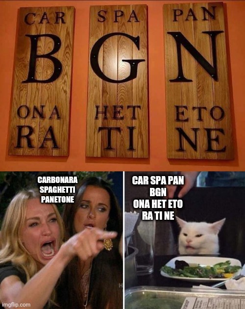 Carbonara Spaghetti Panetone |  CAR SPA PAN
BGN
ONA HET ETO
RA TI NE; CARBONARA
SPAGHETTI
PANETONE | image tagged in angry lady cat | made w/ Imgflip meme maker