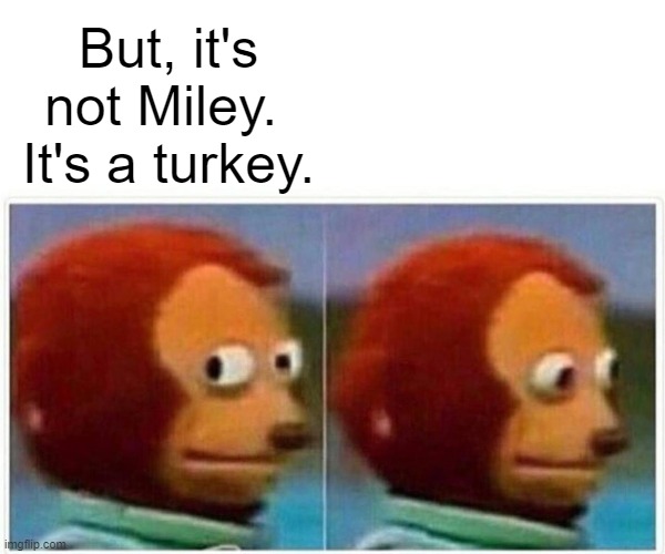 Monkey Puppet Meme | But, it's not Miley.  It's a turkey. | image tagged in memes,monkey puppet | made w/ Imgflip meme maker
