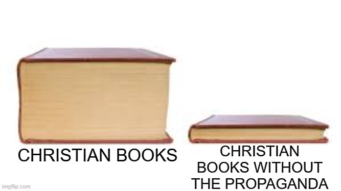 I'm criticizing Christianity | CHRISTIAN BOOKS WITHOUT THE PROPAGANDA; CHRISTIAN BOOKS | image tagged in big book small book,memes,dank memes,spicy memes,christianity,religion | made w/ Imgflip meme maker