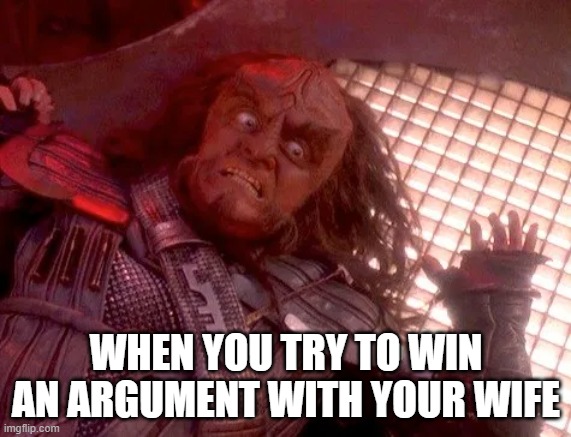Marital Dispute | WHEN YOU TRY TO WIN AN ARGUMENT WITH YOUR WIFE | image tagged in gowron | made w/ Imgflip meme maker