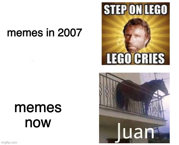 memes then vs now | memes in 2007; memes now | image tagged in memes,marked safe from | made w/ Imgflip meme maker