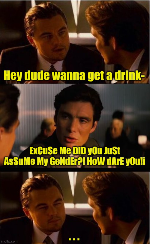 Assume my gender | Hey dude wanna get a drink-; ExCuSe Me DiD yOu JuSt AsSuMe My GeNdEr?! HoW dArE yOu!i; . . . | image tagged in memes,inception,did you just assume my gender,how dare you,leonardo dicaprio | made w/ Imgflip meme maker