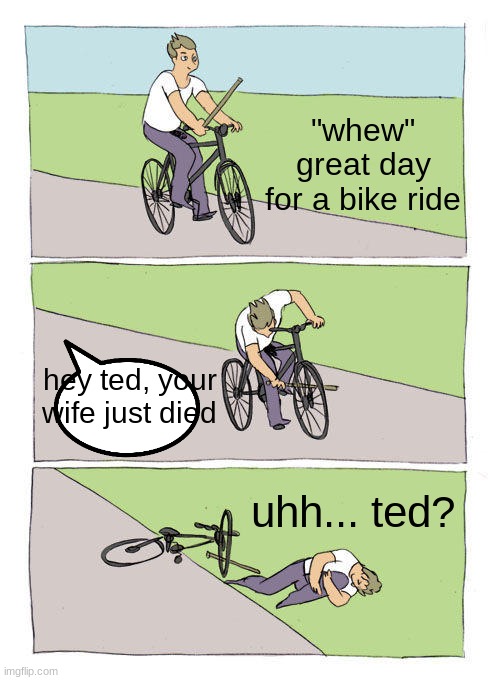 Bike Fall Meme | "whew" great day for a bike ride; hey ted, your wife just died; uhh... ted? | image tagged in memes,bike fall | made w/ Imgflip meme maker