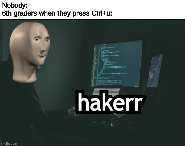 Hacker | Nobody:
6th graders when they press Ctrl+u: | image tagged in hacker,memes,funny,school | made w/ Imgflip meme maker