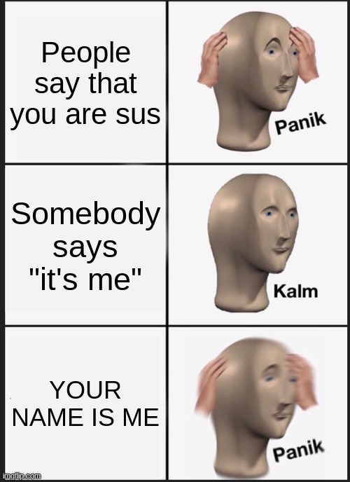 Among us servers be like | People say that you are sus; Somebody says "it's me"; YOUR NAME IS ME | image tagged in memes,panik kalm panik,among us | made w/ Imgflip meme maker