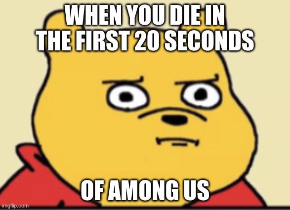 WHYYYYYY | WHEN YOU DIE IN THE FIRST 20 SECONDS; OF AMONG US | image tagged in disturbed pooh | made w/ Imgflip meme maker