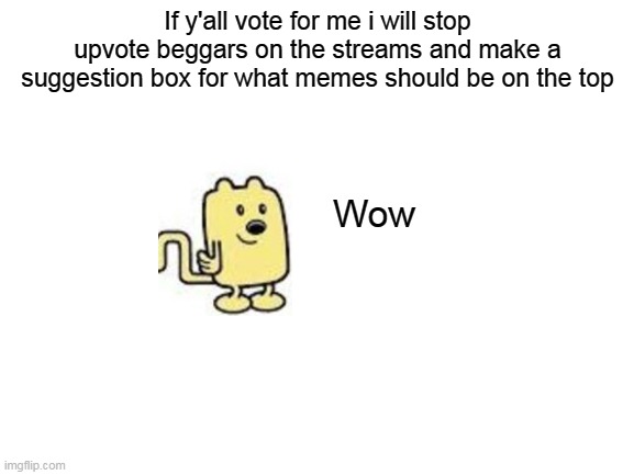 Vote for me for ImgFlip president | If y'all vote for me i will stop upvote beggars on the streams and make a suggestion box for what memes should be on the top; Wow | image tagged in blank white template,wubbzy,president | made w/ Imgflip meme maker