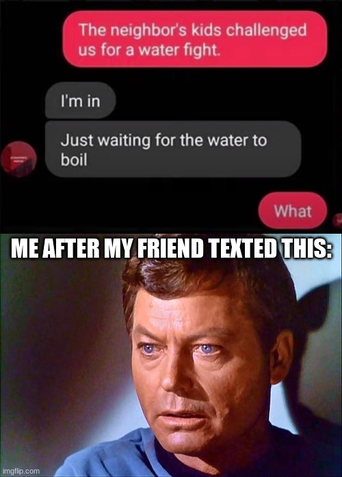 Text message | ME AFTER MY FRIEND TEXTED THIS: | image tagged in mccoy startled | made w/ Imgflip meme maker