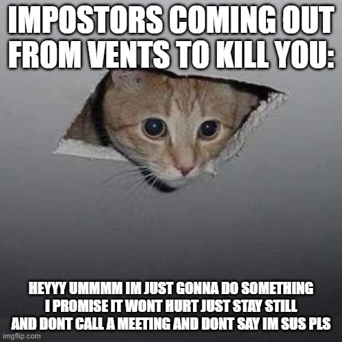 Ceiling Cat | IMPOSTORS COMING OUT FROM VENTS TO KILL YOU:; HEYYY UMMMM IM JUST GONNA DO SOMETHING I PROMISE IT WONT HURT JUST STAY STILL AND DONT CALL A MEETING AND DONT SAY IM SUS PLS | image tagged in memes,ceiling cat | made w/ Imgflip meme maker