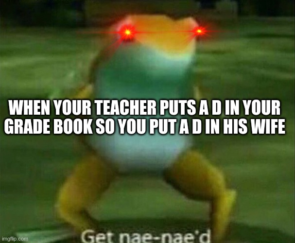 nae nae | WHEN YOUR TEACHER PUTS A D IN YOUR GRADE BOOK SO YOU PUT A D IN HIS WIFE | image tagged in get nae-nae'd,memes | made w/ Imgflip meme maker