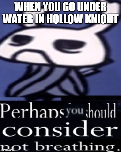 Hollow Knight "Not breathing" | WHEN YOU GO UNDER WATER IN HOLLOW KNIGHT | image tagged in hollow knight not breathing | made w/ Imgflip meme maker