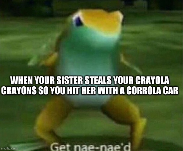 NAE NAE 100 | WHEN YOUR SISTER STEALS YOUR CRAYOLA CRAYONS SO YOU HIT HER WITH A CORROLA CAR | image tagged in get nae-nae'd,memes | made w/ Imgflip meme maker