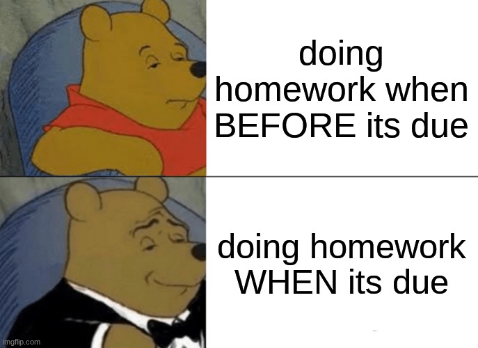 Tuxedo Winnie The Pooh | doing homework when BEFORE its due; doing homework WHEN its due | image tagged in memes,tuxedo winnie the pooh | made w/ Imgflip meme maker