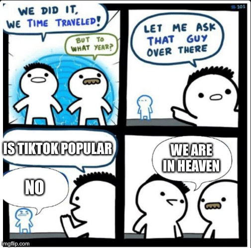 lol | IS TIKTOK POPULAR; WE ARE IN HEAVEN; NO | image tagged in time travel,tiktok | made w/ Imgflip meme maker