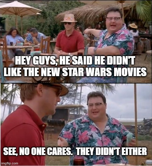 See Nobody Cares | HEY GUYS, HE SAID HE DIDN'T LIKE THE NEW STAR WARS MOVIES; SEE, NO ONE CARES.  THEY DIDN'T EITHER | image tagged in memes,see nobody cares | made w/ Imgflip meme maker