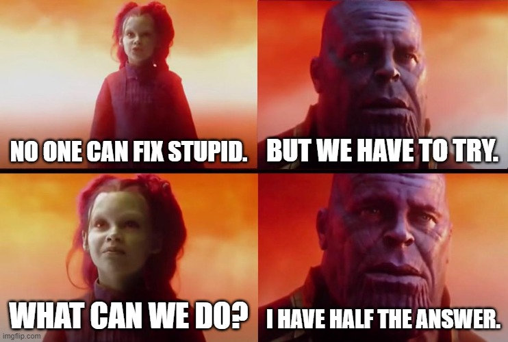 thanos what did it cost | NO ONE CAN FIX STUPID. BUT WE HAVE TO TRY. WHAT CAN WE DO? I HAVE HALF THE ANSWER. | image tagged in thanos what did it cost | made w/ Imgflip meme maker
