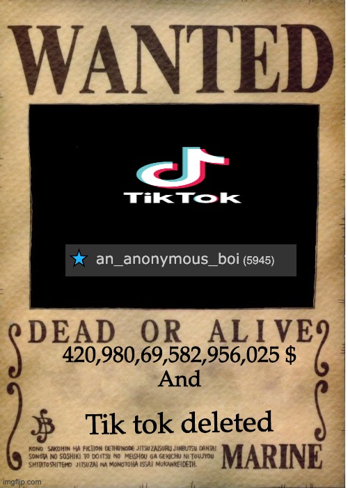 Find them | 420,980,69,582,956,025 $
And; Tik tok deleted | image tagged in one piece wanted poster template,tik tok sucks | made w/ Imgflip meme maker