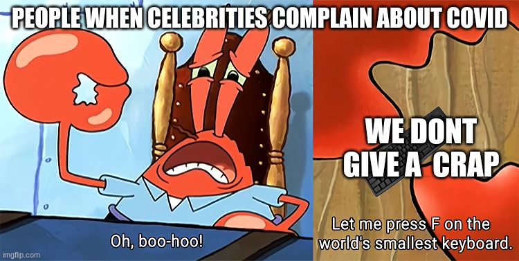 probably a repost but idc | PEOPLE WHEN CELEBRITIES COMPLAIN ABOUT COVID; WE DONT GIVE A  CRAP | image tagged in let me press f | made w/ Imgflip meme maker