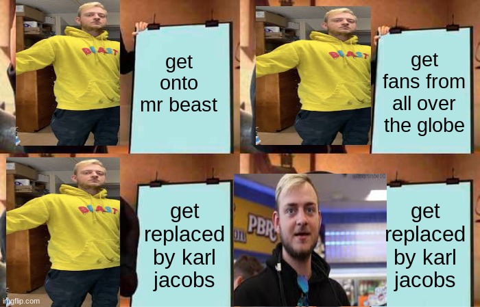 Gru's Plan Meme | get onto mr beast; get fans from all over the globe; get replaced by karl jacobs; get replaced by karl jacobs | image tagged in memes,gru's plan | made w/ Imgflip meme maker