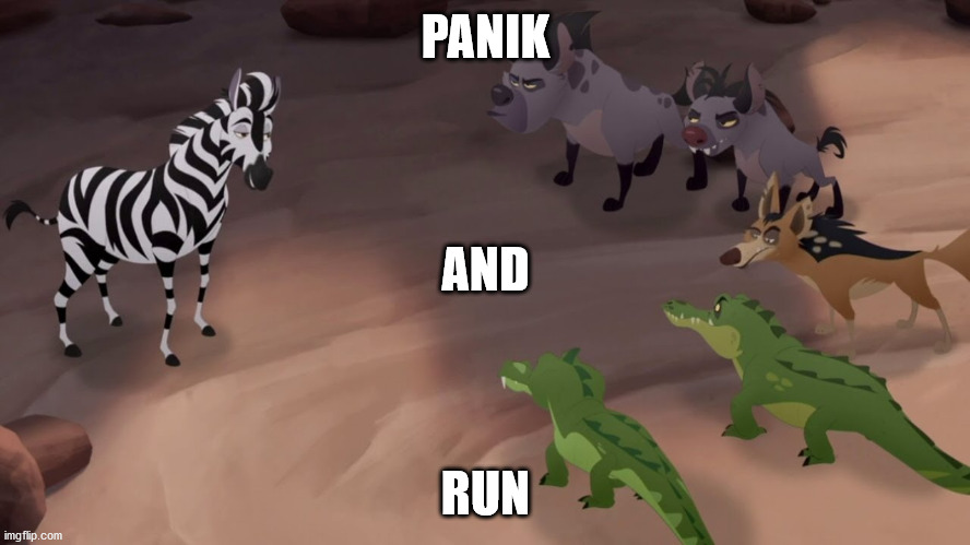 lion guard panic and run | PANIK; AND; RUN | image tagged in lion guard | made w/ Imgflip meme maker