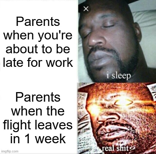 Sleeping Shaq | Parents when you're about to be late for work; Parents when the flight leaves in 1 week | image tagged in memes,sleeping shaq | made w/ Imgflip meme maker