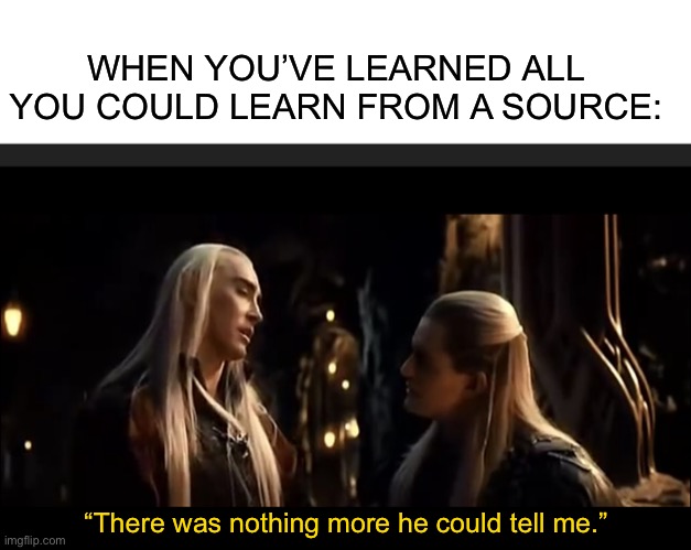 Sometimes, you just have to work with what you’ve got. | WHEN YOU’VE LEARNED ALL YOU COULD LEARN FROM A SOURCE:; “There was nothing more he could tell me.” | image tagged in blank white template,thranduil,interview,journalism,lead,the hobbit | made w/ Imgflip meme maker