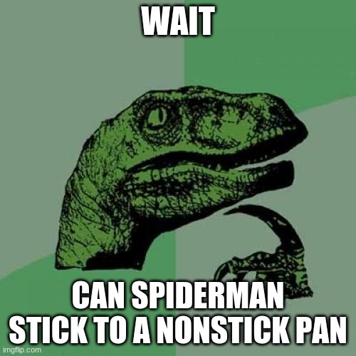 ummm | WAIT; CAN SPIDERMAN STICK TO A NONSTICK PAN | image tagged in memes,philosoraptor | made w/ Imgflip meme maker