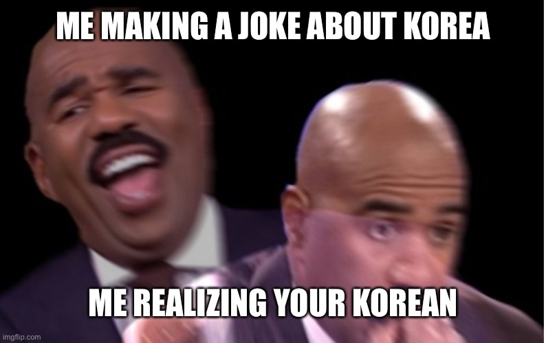 Conflicted Steve Harvey | ME MAKING A JOKE ABOUT KOREA ME REALIZING YOUR KOREAN | image tagged in conflicted steve harvey | made w/ Imgflip meme maker