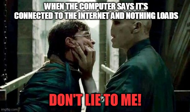 don't lie to me!! harry n voldy | WHEN THE COMPUTER SAYS IT'S CONNECTED TO THE INTERNET AND NOTHING LOADS; DON'T LIE TO ME! | image tagged in voldemort and harry | made w/ Imgflip meme maker