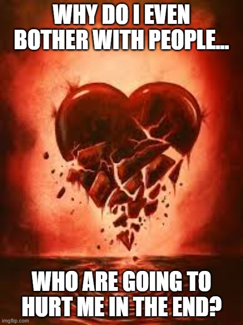 Broken | WHY DO I EVEN BOTHER WITH PEOPLE... WHO ARE GOING TO HURT ME IN THE END? | image tagged in broken heart,heartbreak | made w/ Imgflip meme maker