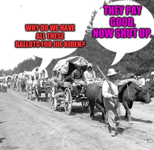 Snowflake wagon train | WHY DO WE HAVE ALL THESE BALLOTS FOR JOE BIDEN? THEY PAY GOOD, NOW SHUT UP. | image tagged in snowflake wagon train | made w/ Imgflip meme maker