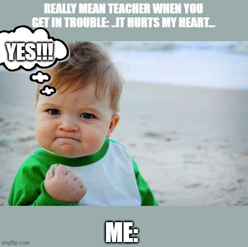 Success Kid Original | REALLY MEAN TEACHER WHEN YOU GET IN TROUBLE: ..IT HURTS MY HEART... YES!!! ME: | image tagged in memes,success kid original | made w/ Imgflip meme maker