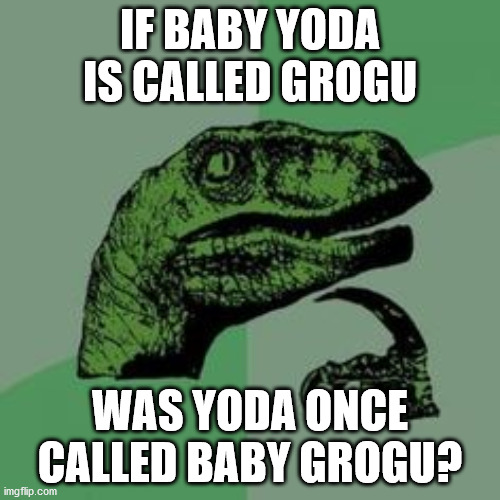 Time raptor  | IF BABY YODA IS CALLED GROGU; WAS YODA ONCE CALLED BABY GROGU? | image tagged in time raptor | made w/ Imgflip meme maker