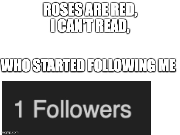 Blank White Template | ROSES ARE RED,
I CAN'T READ, WHO STARTED FOLLOWING ME | image tagged in blank white template | made w/ Imgflip meme maker