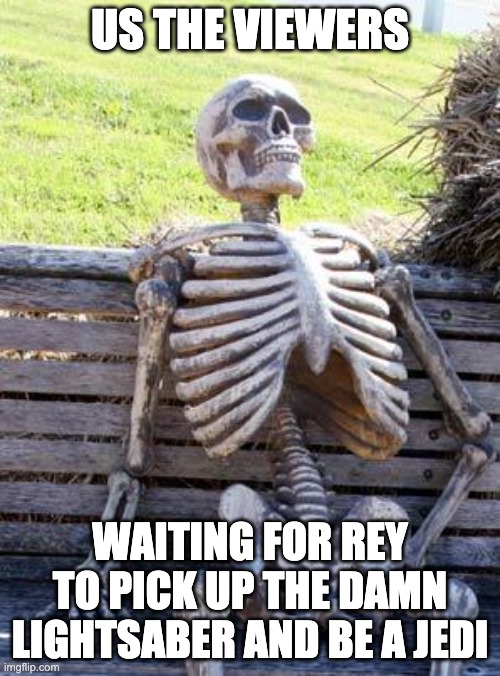 Seriously Tho... | US THE VIEWERS; WAITING FOR REY TO PICK UP THE DAMN LIGHTSABER AND BE A JEDI | image tagged in memes,waiting skeleton | made w/ Imgflip meme maker