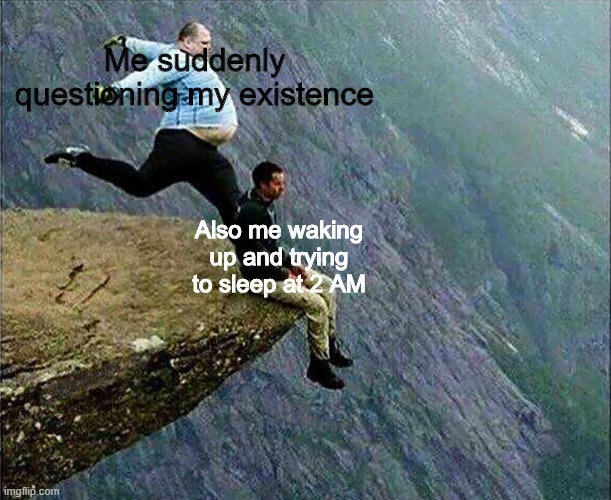 this image better be in front of a green screen | Me suddenly questioning my existence; Also me waking up and trying to sleep at 2 AM | image tagged in man kicking man off cliff,memes | made w/ Imgflip meme maker