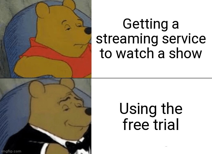 Tuxedo Winnie The Pooh | Getting a streaming service to watch a show; Using the free trial | image tagged in memes,tuxedo winnie the pooh | made w/ Imgflip meme maker