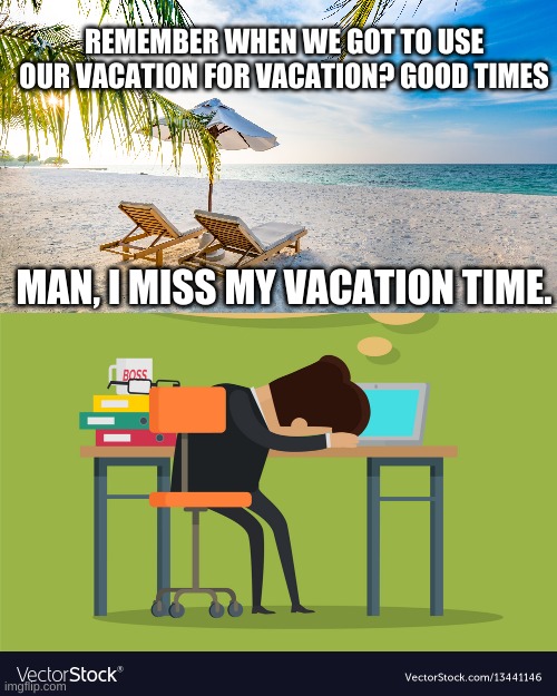 Vacation | REMEMBER WHEN WE GOT TO USE OUR VACATION FOR VACATION? GOOD TIMES; MAN, I MISS MY VACATION TIME. | image tagged in vacation | made w/ Imgflip meme maker