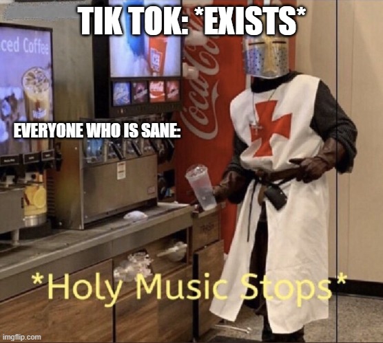 Holy music stops | TIK TOK: *EXISTS*; EVERYONE WHO IS SANE: | image tagged in holy music stops | made w/ Imgflip meme maker