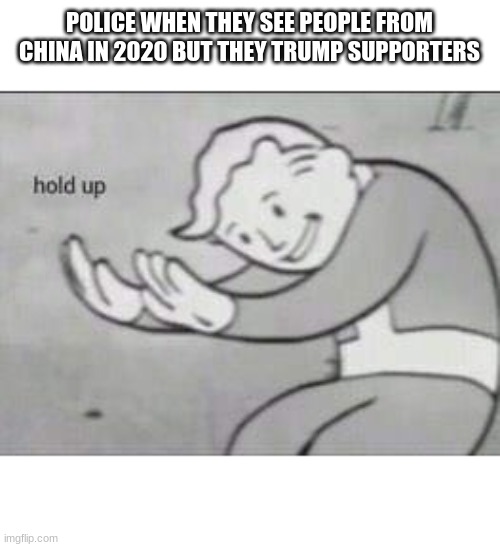 wha | POLICE WHEN THEY SEE PEOPLE FROM CHINA IN 2020 BUT THEY TRUMP SUPPORTERS | image tagged in fallout hold up | made w/ Imgflip meme maker