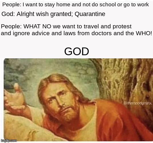 Confused jesus | People: I want to stay home and not do school or go to work; God: Alright wish granted; Quarantine; People: WHAT NO we want to travel and protest and ignore advice and laws from doctors and the WHO! GOD | image tagged in confused jesus | made w/ Imgflip meme maker