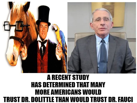 Dolittle vs Fauci | A RECENT STUDY HAS DETERMINED THAT MANY MORE AMERICANS WOULD TRUST DR. DOLITTLE THAN WOULD TRUST DR. FAUCI | image tagged in dolittle vs fauci,plandemic,scamdemic,convid-1984,condemic,election 2020 | made w/ Imgflip meme maker